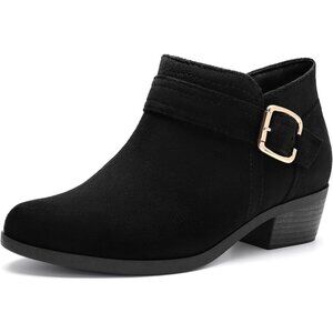Women's Chunky Low Heel Ankle Boots Pointed Toe Side Zipper Booties Black Suede